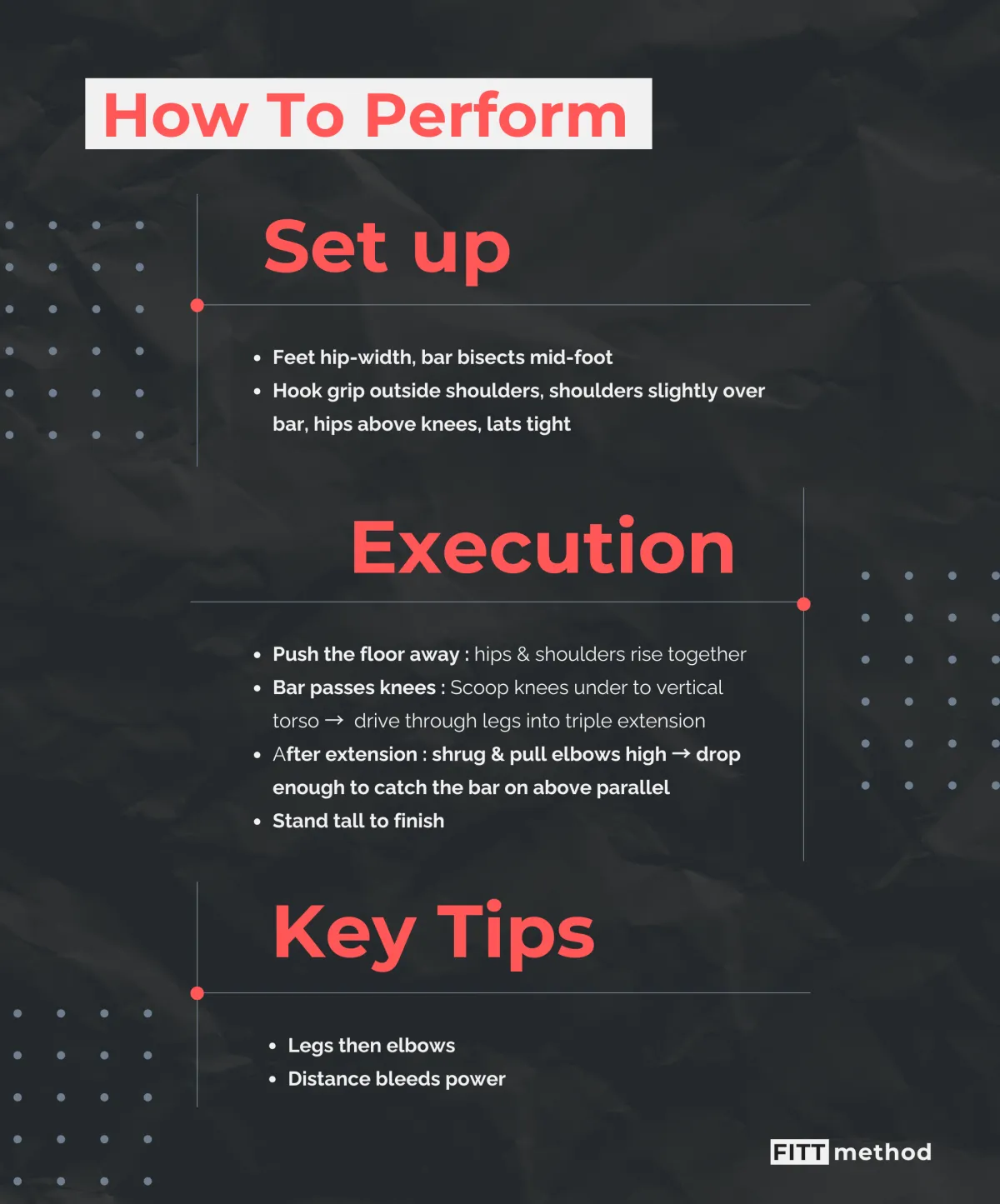 Guide on performing an exercise with sections: Set up, Execution, and Key Tips. Red and white text on a dark, textured background.
