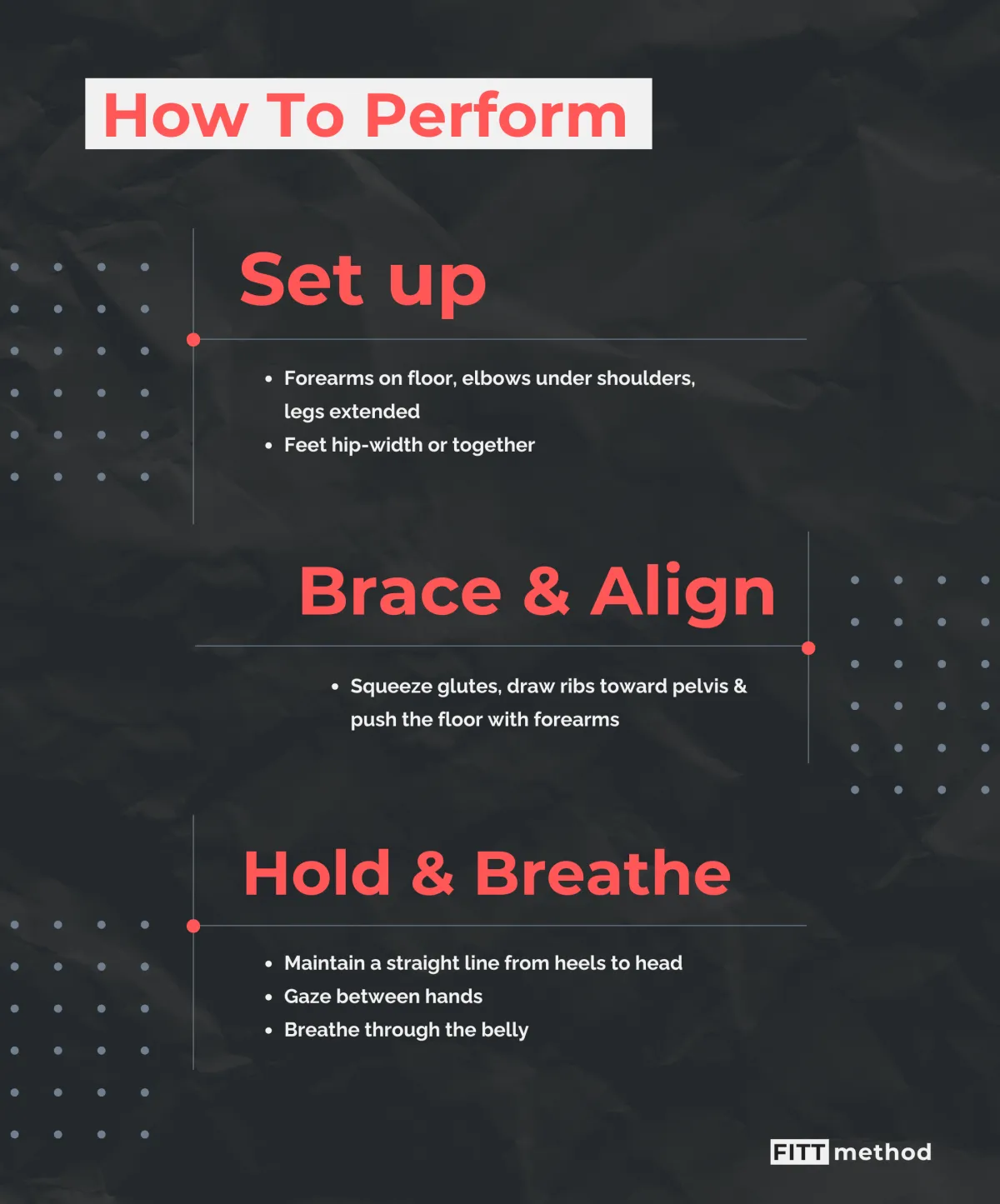 Instructions for an exercise on a black crumpled background. Steps include "Set up," "Brace & Align," and "Hold & Breathe." Red and white text.