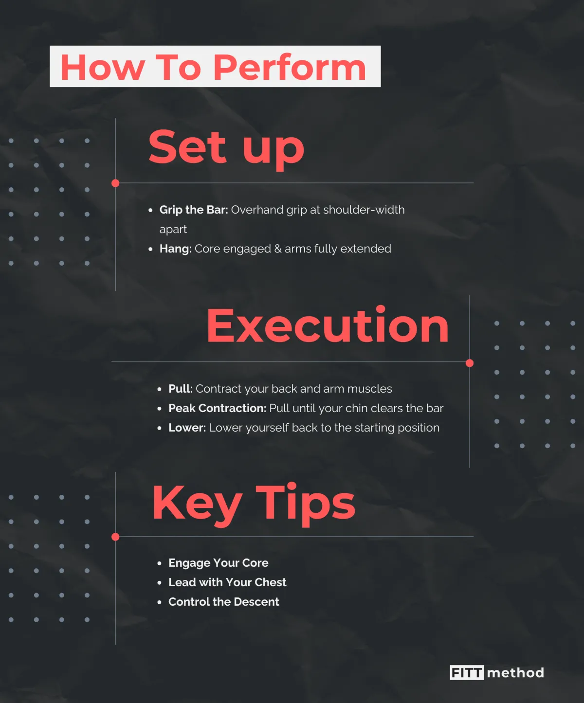 How to perform exercise guide. Sections: Set up, Execution, Key Tips. Black background with red and white text and dotted accents.